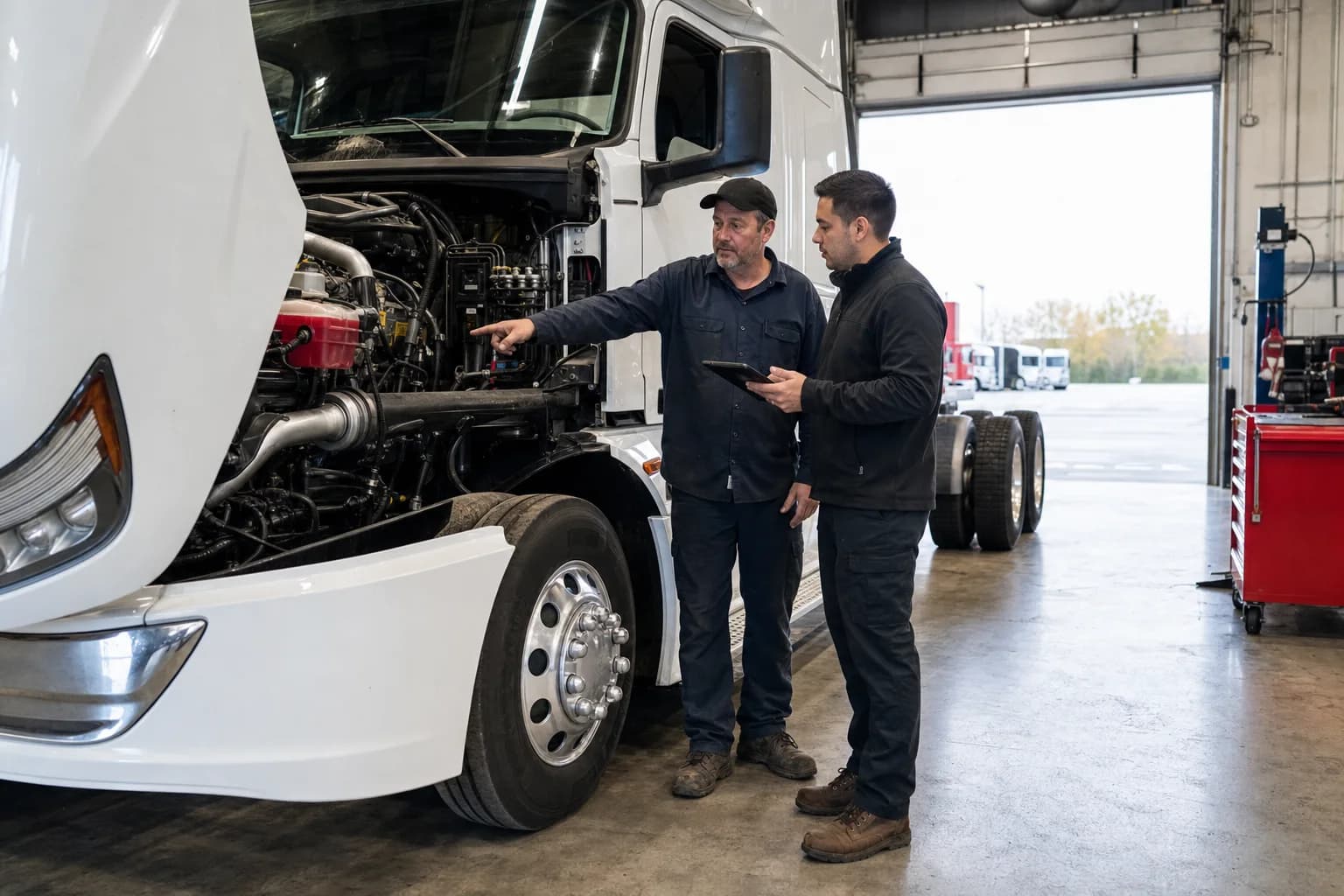 Elite Bros Trucking St. Louis technician and buyer inspecting a truck engine